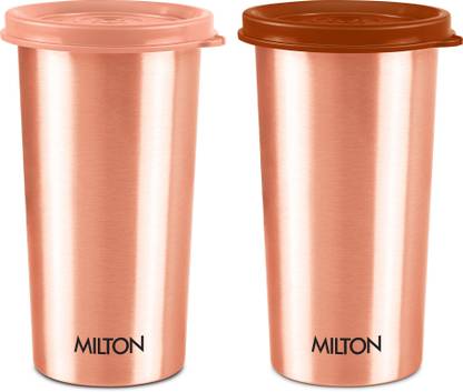 MILTON Copper Drinking Water Tumbler with Lid, Set of 2, Copper (Lid Colour May Vary) 480 ml Bottle
