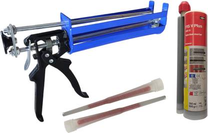 DUMDAAR Heavy duty 1pc Double Barrel caulking gun General-purpose Glue Manual Silicone Glass Glue Gun Thickened with 1pc 360 ml Rebaring Chemical Injection Mortar Adhesive (Pack of 2) Standard Temperature Cordless Glue Gun