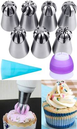 hussaini mart Balloon Nozzle Russian 3D Flower Icing Piping Nozzle Tip Pastry Cake Cupcakes Decoration Baking Tool DIY, 7-Piece With Silicone Piping Bag, Big nozzles Stainless Steel Quick Flower Icing Nozzle