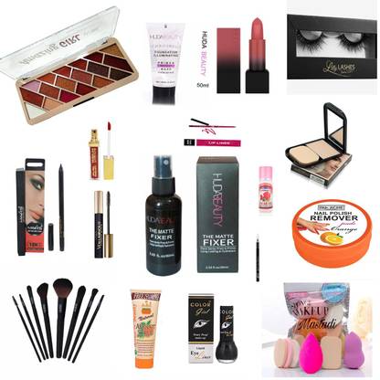 Glow and Go 17 Items in the set 1 Eyeshadow, 1 Primer, 1 Matt Lipstick, 1 Pack Eye-lashes, 1 Kajal, 1 Sindhur, 1 Mascara, 1 Lipliner, 1 Compact, 1 Huda Beauty Fixer, 1 Rose Water, Makeup brush, 1 Scrub, 1 Eye-Liner, 1 Pack Makeup puff , 1 pcs Eyebrow-Pencil, 1 Pack Nail Remover