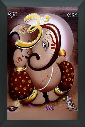 FRIZZY ARTS ganesh ji brown color | ganesh ji photo frame | ganesh ji paintings Digital Reprint 20 inch x 14 inch Painting