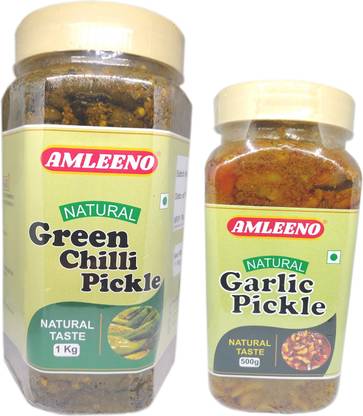 AMLEENO Green Chilli/Garlic Pickle in Jar Making with Mustard Oil (1000g+500g) (Packed 2 Nos in Single Box) Green Chilli, Garlic Pickle