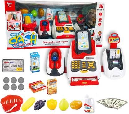 Wembley Toys Pretend Play Smart Cash Register Toy, Kids Cashier with Checkout Scanner,Fruit Card Reader, Credit Card Machine, Play Money and Grocery Play Food Set, Educational Toys for Boys & Girls