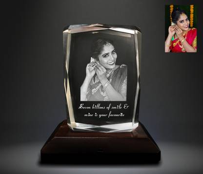 Blue Crystal 3D Photo Laser Engraved Crystal Faced Cube (100x70x30mm) with light base Decorative Showpiece  -  10 cm