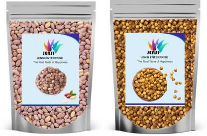 Jensi Combo Packets of Roasted Peanuts and Roasted Chana (Chickpeas), Roasted Peanuts Salted (Mungfali Namkeen Dana) Healthy Gujarati Namkeen Snacks (KHARI SING), Roasted Chana, Bhuna Chana (Desi Chickpeas with Turmeric) Roasted Plain & Salted Chana l 100% Vegan l Indian Food and Healthy Snack l Vegetarian l Low Fat, Rich in Minerals, Hight Dietary Fibre l Enjoy with Chai, Green Tea, Coffee l High Protein Food l Mix with Namkeen to make a diet snack l Packe of 2 (1000+1000)
