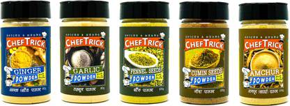 CHEFTRICK Pure for Sure Powdered Spices Combo of 5 Ginger Powder, Garlic Powder, Fennel Seeds Powder, Cumin Seeds Powder, Amchur Powder