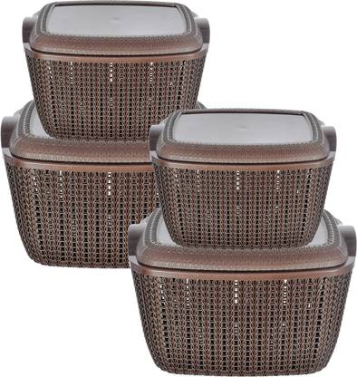 KUBER INDUSTRIES Plastic Multiuses Large & Small M 30-25 Plastic Basket With Lid- Pack of 4 (Brown) Storage Basket
