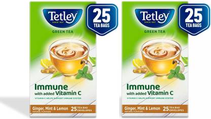 Tetley (25 bags X 2Box) Green Tea With Ginger,Mint and Lemon Natural flavors With 5x Anti-Oxidants,Immunity Power of Vitamin C Ginger, Mint, Lemon Green Tea Bags Box