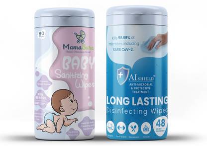 MamaSure Baby Sanitizing Wipes + AI Shield™ Long-Lasting Surface disinfecting Wipes | Kills 99.9% Germs and Virus | Surface Disinfectant | Baby Cleaner (Canister-80 Wipes) (Pack of 2)