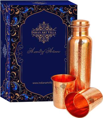 IndianArtVilla Pure Copper Gift Set of Embossed Design 1 Bottle & 2 Glass With Royal Gift Box 600 ml Bottle