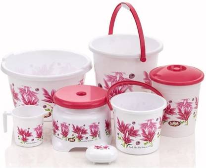 UMA Plastic Bathroom Set 07 Pieces Heavy Duty, Large Capacity (20 LTR Tub, 20 LTR Bucket, 05 LTR Bucket, Patla, Dustbin 10 LTR, Mug 1.5 LTR, Soap Case, Blue,Orange,Pink ) 20 L Plastic Bucket  (Pink) at Rs. 791