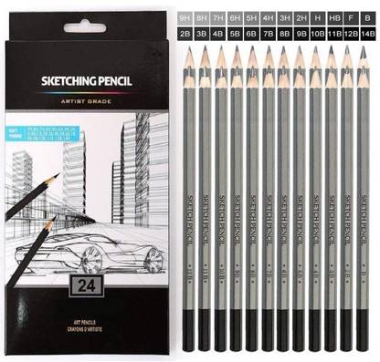 Definite Art Professional Drawing Sketching Pencil Set; Degree Grade Pencils- 14B, 12B, 10B, 9B, 8B, 7B, 6B, 5B, 4B, 3B, 2B, B, HB, F, H - 9H, Graphite Shading Pencils Black for Beginners and Professional Artists (Pack of 24) Hexagonal Shaped Color Pencils