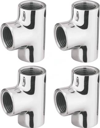 Nenoware Full Brass 1/2 Inch (15 mm) TEE Connector for Pipe Fittings (Chrome Finish) set of 4 Faucet Nozzle