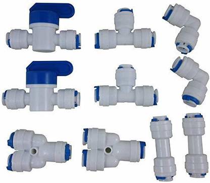 Sauran RO Accessories Pipe Jointer Elbow Connector for Water Purifier (2 Nox. Ball Valve + Y Connector + Double Push Elbow + I Straight Connector + T Shape Connector), 1/4" Size (6mm) White Hose Connector