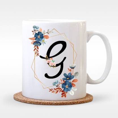 FA6 Alphabet G Letter Quotes White for Gifts Floral Pattern Digital Print Coffees Gifts for Birthday, Anniversary, Wife, Friends, Husband, Family 325ml Ceramic Coffee Mug