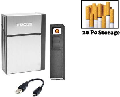 Explorer 20 Pcs Cigarette Holder Focus Box Case Attach Portable And Removal able USB Rechargeable Lighter | Silver Color | Easy To Carry Anywhere | No System Of Fuel And Gas | Only One Time Charged For 45 Minutes Then 150 to 200 Time Ignition Coil Start After Full battery Charged | Premium Quality Cigarette Lighter