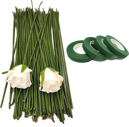 3A Featuretail 11.75 Inch Dark Green Floral Stem Wire Crafting Floral Paper Wrapped Wire for Artificial Flowers Making, Plant Stub Stem- 100 pc Green Wire & 4pc Green Tape