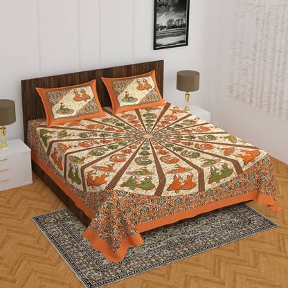 BADGUJAR 260 TC Cotton Double Jaipuri Prints Flat Bedsheet