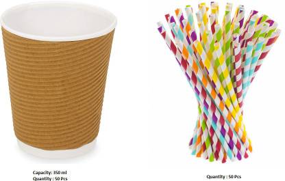 Spylark Pack of 60 Paper Ripple Paper Cup 350 ml|Disposable| Pack of 60 with 60 Pcs Paper Straw