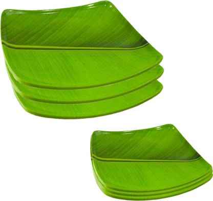 DLM Premium square Green banana leaf plate starter snacks tray kela patta dinner half plate (20 cm, 7.5 inch) 4 pcs Half Plate