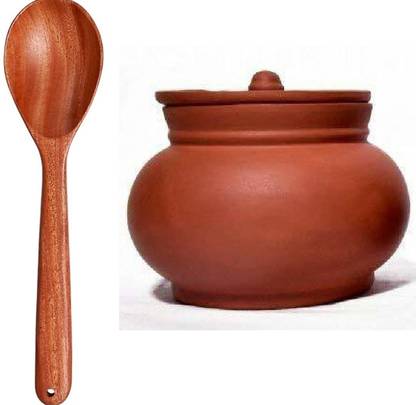 All Desi Clay Dahi Handi/Curd Pot With Lid 1 Spatula Handi 1 L