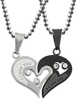 Uniqon Valentine's Day Special Metal Stainless Steel I Love You Diamond Nug Broken Heart Romantic Love Couple Black & Silver Color 2 In 1 Beautiful Duo Locket Pendant Necklace With Chain For Boy's And Girl's Silver Metal Pendant Set