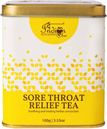 The Indian Chai Sore Throat Relief Tea 100g with Echinacea Leaves, Eucalyptus Leaf, Mullein Leaf, Yarrow Flower, etc, Helps Relieve Cough & Cold, Lung Congestion Herbal Tea Tin