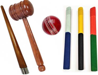 HK Sport & Toys 3 Bat Grip | 1 Grip Cone | 1 Two Pcs Leather Ball | Wooden Bat Mallet