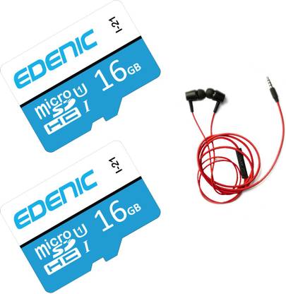 EDENIC Combo of 16GB Memory Card,16GB micro SDHC Card,Class 10,Fast Speed for Smartphones, Tablets and Other Micro Slots with Data Transfer, 16GB Pack of 2 + Z60 Earphone EDENIC 16GB MMC Pack OF 2 16 GB MicroSD Card Class 10 80 MB/s  Memory Card Compatible with Camera, Computer, Gaming Console, Mobile, Tablet