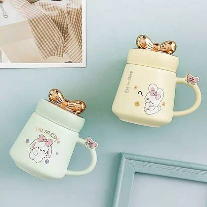 Avastro Creative Ceramic Cup with Bow Lid Cute Cartoon Rabbit Water Cup Milk Cup Couple Coffee Cup Home Christmas Gift Fall Kawaii (Pack of 2) Ceramic Coffee Mug