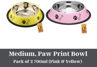 Foodie Puppies Stainless Steel Combo Offer Paw Bone Printed Baby Pink And Vibrant Yellow Food Water Feeding Bowl for Dogs & Puppies (Medium, 700ml Each) Round Steel Pet Bowl
