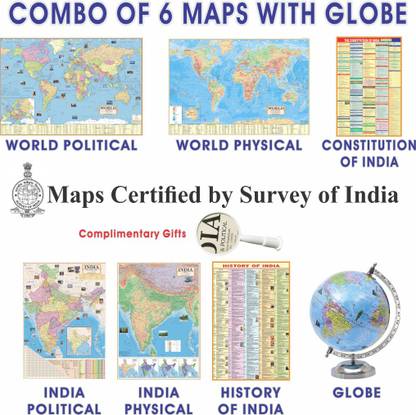 (COMBO OF 6 MAPS/CHARTS WITH 8 INCH WORLD POLITICAL EDUCATIONAL GLOBE AND MAGNIFYING GLASS) INDIAN Constitution Map & History of India Map With India & World Map (Both Political & Physical)| Set Of 6 Maps With 8” Political Educational Globe | Map Size (28*40 Inch) (23*36 Inch)| Paper Mint | Complimentary Magnifying Glass | Best Useful for UPSC, SSC, IES and other Competitive Exams. (All English Maps) Paper Print. Paper Print