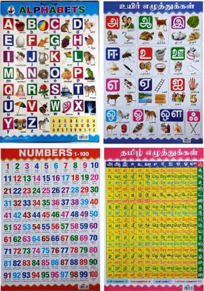 Tamil & English Basic - 4 Charts ( ABCD - Uyir Eluthukkal, Numbers And Tamil Elukthukkal (Lamination Board Chart ) New Version