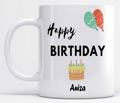 LOROFY Name Aniza Printed Happy Birthday Ceramic Coffee Mug