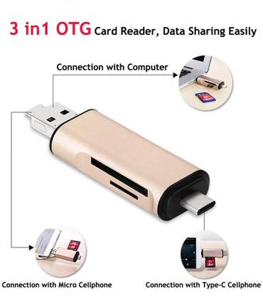 LipiWorld 3 in 1 Card Reader Type c USB 3.0 All in one Card Reader Micro USB Card Reader SD, Micro SD, SDXC, SDHC, Micro SDHC, Micro SDXC Memory Card Reader Card Reader Type c USB 3.0 All in one Card Reader Card Reader
