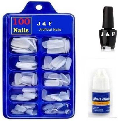 J & F Arylic Fake Nails Empress Curve Artificial Nails With Glue Bottle And Black nail Paint white nails