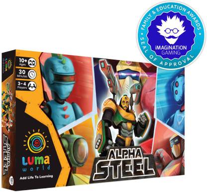 लुमा वर्ल्ड Strategy Board Game for Ages 10 and up: Alpha Steel | STEM game to Improve Numeracy, Strategy and Develop Multiple Intelligences | 8 Collectible Robot Cards and Fantasy Currency Included बोर्ड गेम