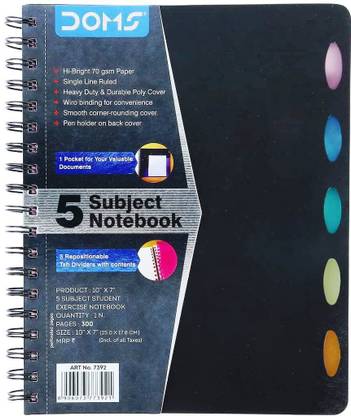 dhara shree radha publication DOMS Wiro Binding Notebook | 5 Subject Book | Single Line Ruled | 70GSM | 300 Pages | 25.0 x 17.8 cm | Pack of 2 Book-size Notebook Single Line Ruled 302 Pages