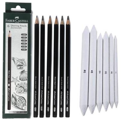 Definite Art FABER CASTELL Drawing Graded Pencils - 2B, 3B, 4B, 5B, 6B and 8B (Pack of 6) + Blending/Smudging Stumps Set of 6 (Size 1 to 6); Pre-Sharpened Pencil