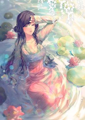 Anime Girls Original Characters Dark Hair Long Hair Green Eyes Looking Up Chinese Dress Matte Finish Poster Paper Print