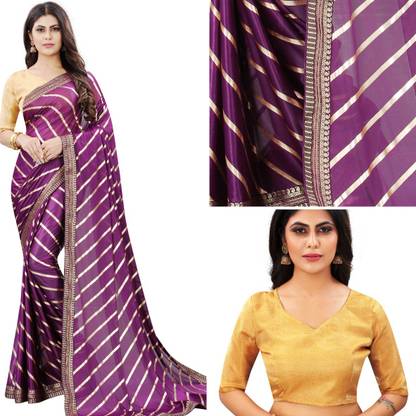 Striped Leheria Silk Blend Saree with Unstitched Blouse