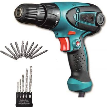 XDLB SGN COMBO 104 Reversible Easy Use Electric Screwdriver Drill Machine with Torque Setting Facility Drywall 10mm Screw Gun corded with PH2 +/- 10pcs & 5 pcs RCC Bit Set (10 mm/350W/750 Rpm/220v/Multicolor/Plastic) Drywall Screw Gun