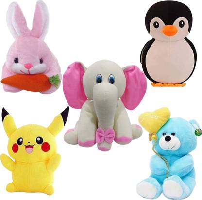 Toyhaven Exclusive and Unique combo of 5 adorable and lovely soft toys for kids and special occasions/ SITTING ELEPHANT , PENGUIN, PIKACHU , RABBIT and TEDDY with 'I LOVE YOU' BALLOON / special stuffed toys for gifting and decoration  - 25 cm