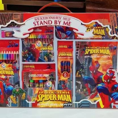 VARNA Stationery set Spider-Man 12 Color Pencils, 12 Crayons, 6 Drawing Pencils, 6 color Pens, Dairy, Eraser, Sharpener, Scale, Pencil box Color Pencils