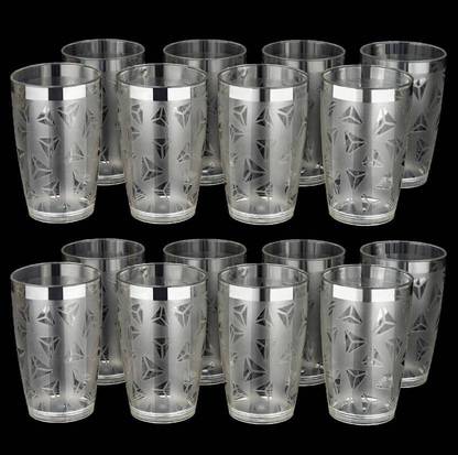 VENTORA (Pack of 16) Diamond Curved Shape Prism Pattern Drinking Glass Set Of 16 (Clear,Plastic) Glass Set Water/Juice Glass