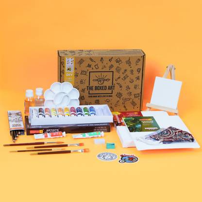 theboxedart THE BOXED ART Oil Painting Kit for Advance (Oil Colours, Canvas, Small Easel, Pencil Set, Eraser, Oil MEDIUIM, Turpentine, SHARPNER, Palette, Brush)