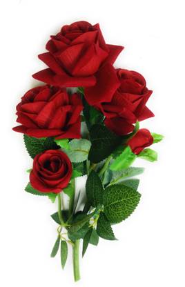 SAU RANG Natural Looking Artificial Rose Flower Bunch (Red), 4 Roses and Bud… Red Rose Artificial Flower