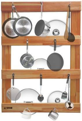 Solvd-in-box Utensil Kitchen Rack Wood Heavy Duty Pans and Pots Organizer 4 Tier 10 hooks Kitchen Rack Organizer Wall Mounted Large Pan Tawa and Pot Lid Holder for Kitchen Utensil Lid Holder Multipurpose Wall Mounted Hook Hanger