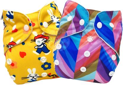 MOM'S PRIDE Reusable Exclusive Heavy Pocket Cloth Diapers Reusable, Adjustable & Washable Without Inserts Pack of 2 (Yellow-Rainbow)