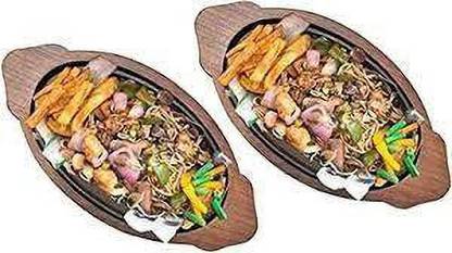 Bawarchi Oval cast iron sizzler plate- set of 2 with double handle wooden base Sizzler Tray